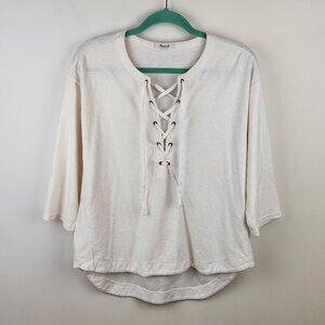Madewell Cream Libra Lace Up Tee 3/4 Sleeve Top sz M Flawed